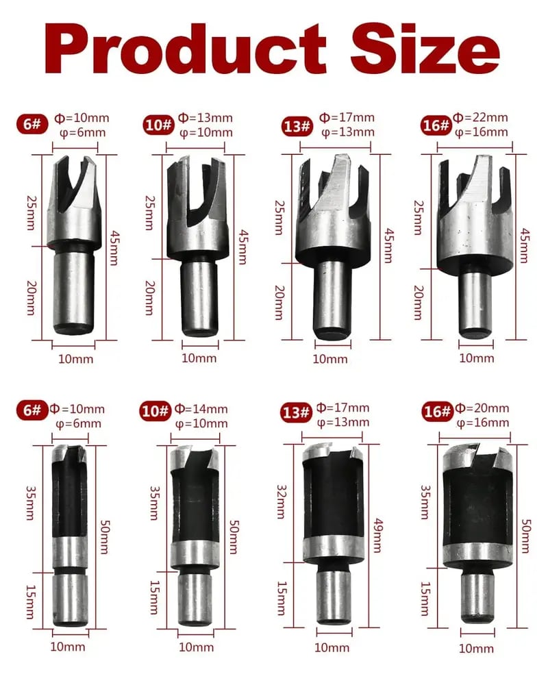 8Pcs Wood Plug Cutter Drill Bit Set | Straight & Tapered Wood Hole Plug Making Bits