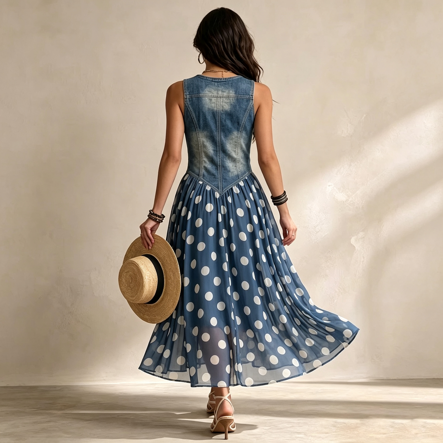 Sleeveless Denim Patchwork Maxi Dress with Polka Dot Chiffon Skirt