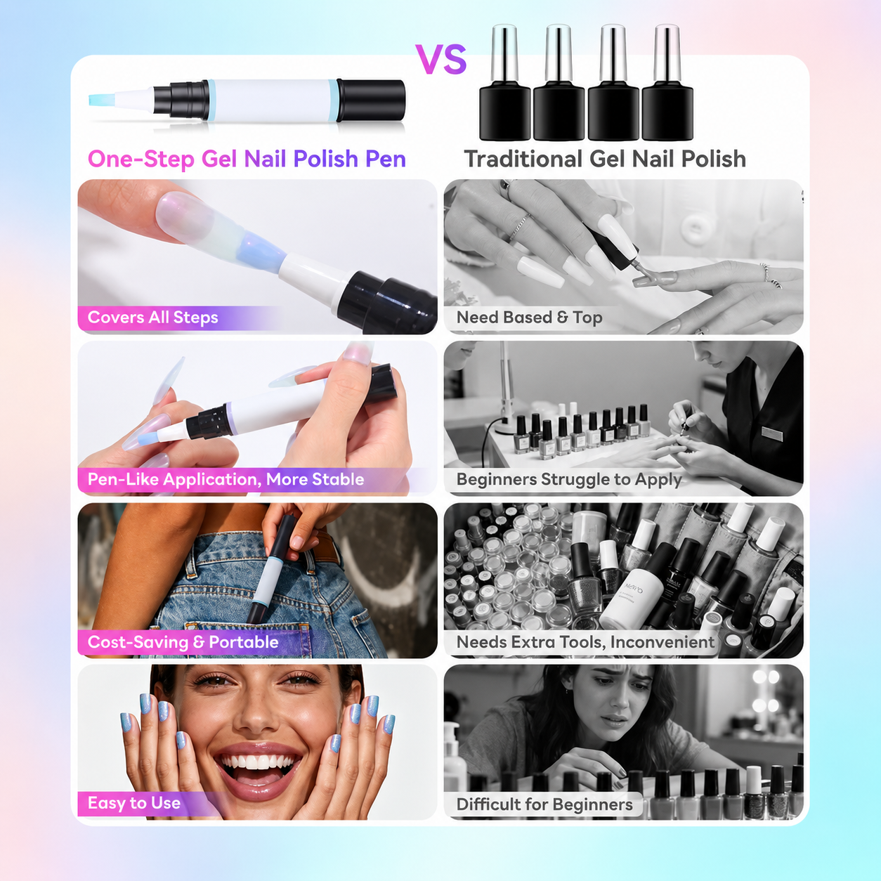 ✨ Gel Nail Polish Pen: Beginner-friendly and easy to carry on the go; delivers a brilliant, glossy finish with up to 14 days of long-lasting wear.