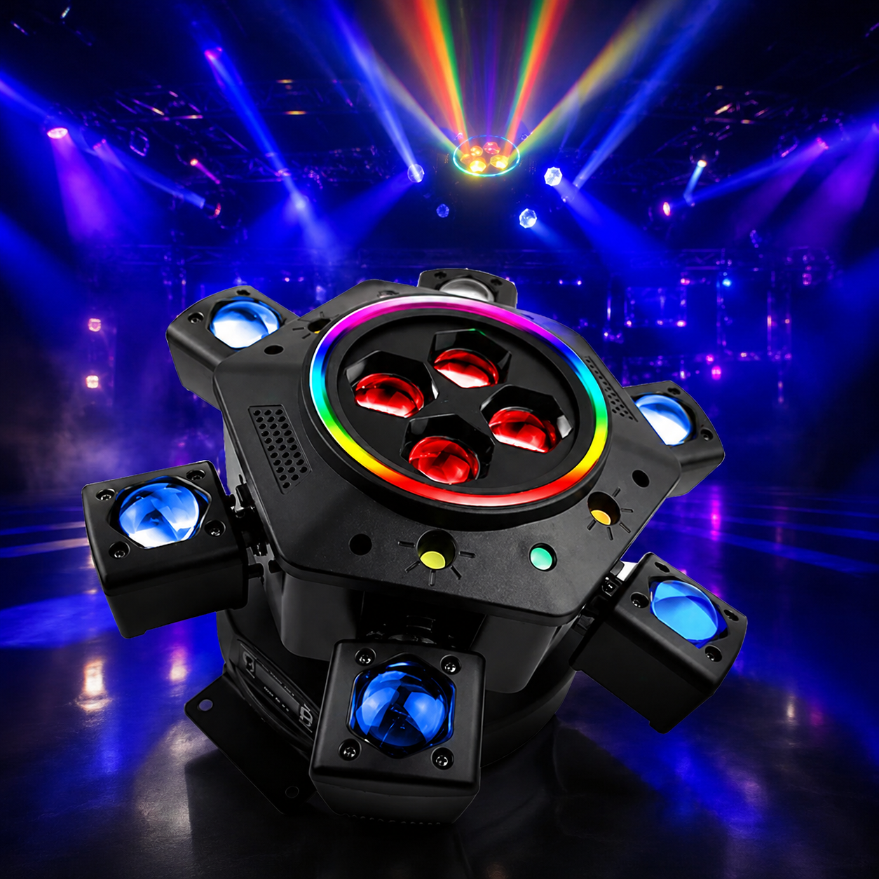 MDT Super 6-IN-1 Moving Head DJ Lights with RGBW 6-Arm Beams, Bee-Eyes Effect