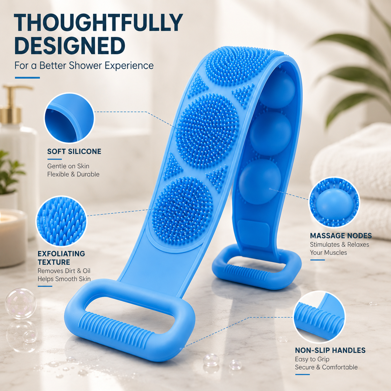 ๐ Double-Sided Silicone Back Scrubber โ Long Exfoliating Bath Brush