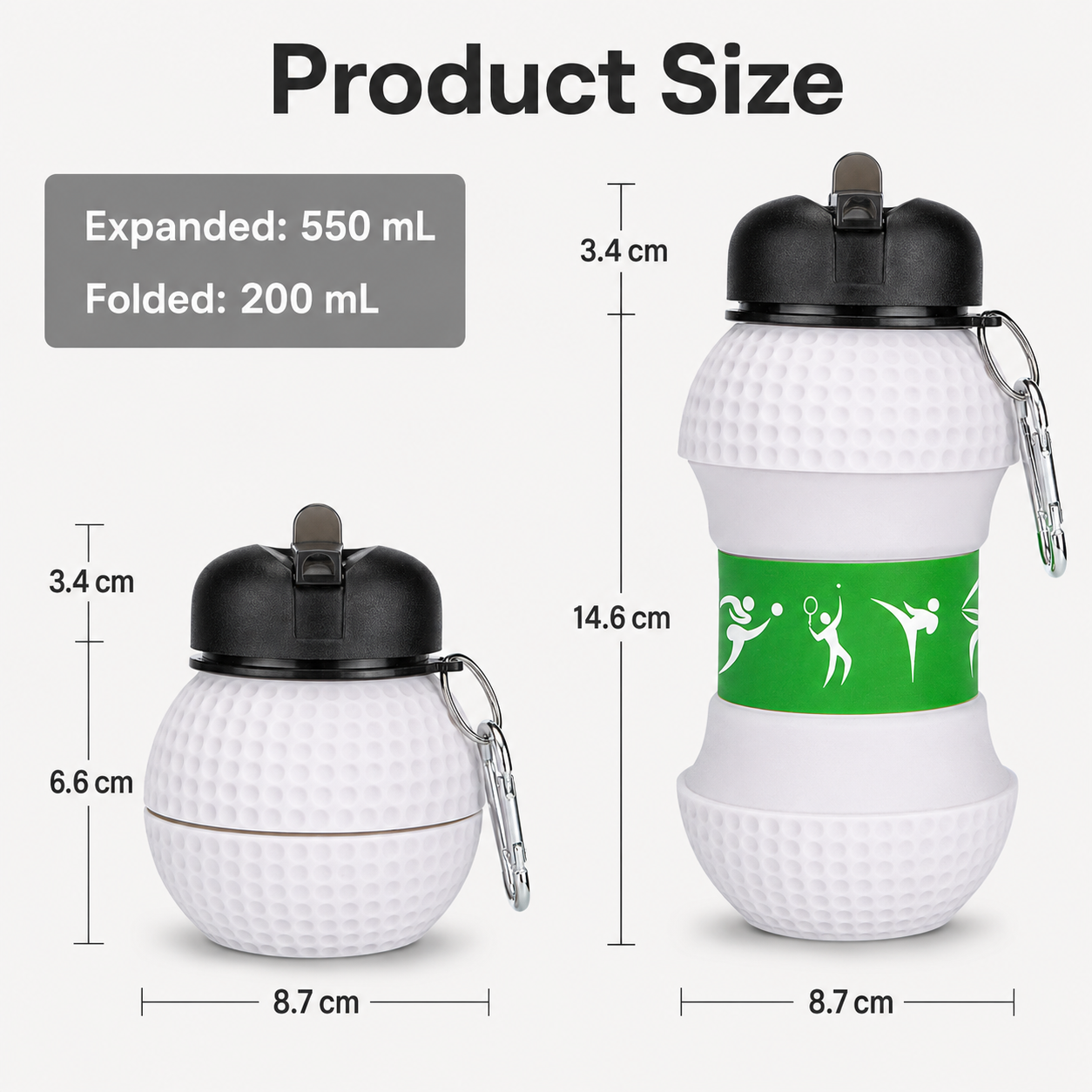 ⚽ Football Sport Design Silicone Collapsible Water Bottles, Sports Bottle with Carabiner Clip