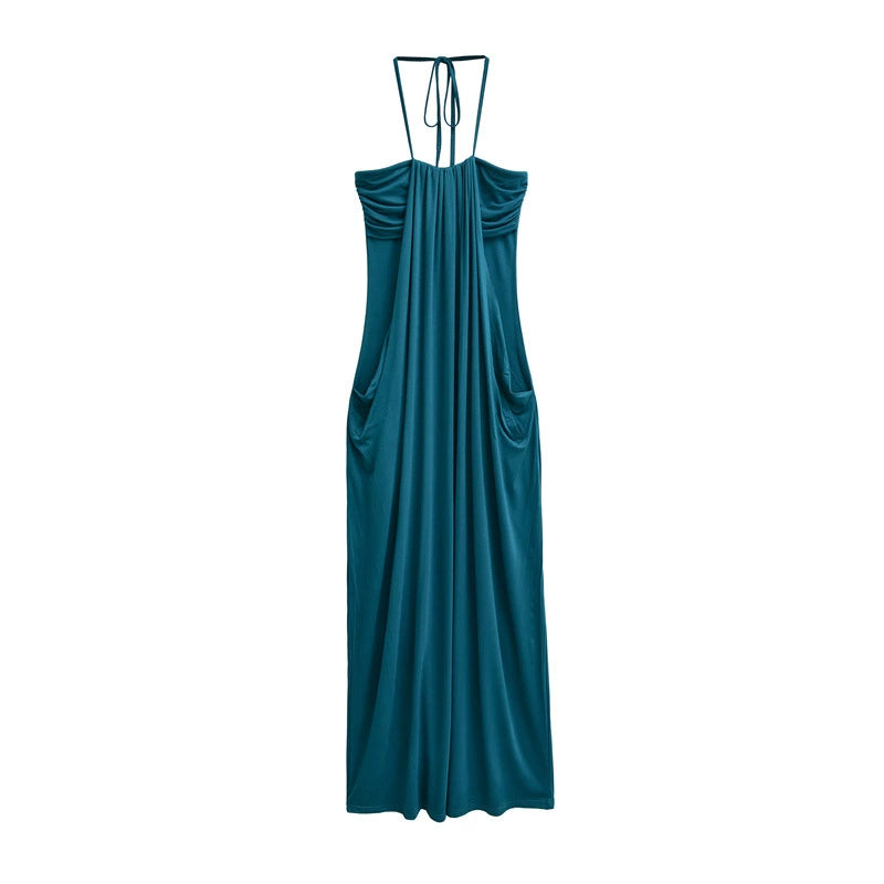 Draped Halter Tie Back Midi Dress with Pockets