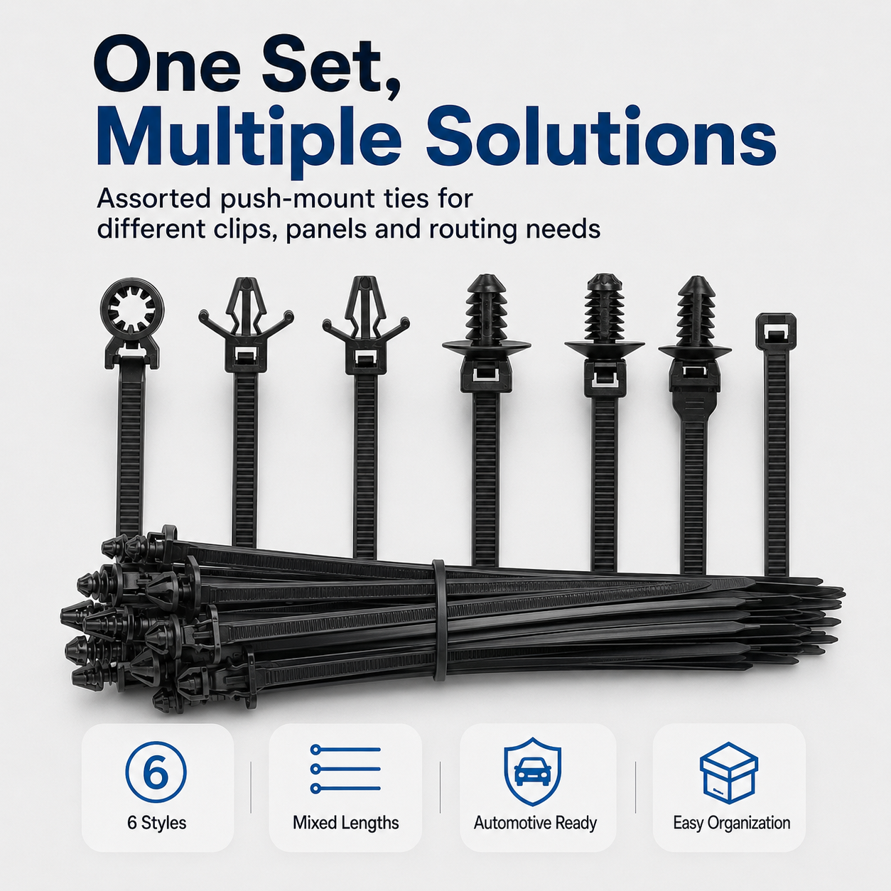 110 PCS Automotive Installation Black Push Mount Cable Zip Ties Assorted Sizes