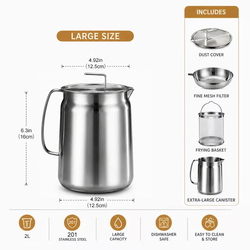 68oz 201 Stainless Steel Deep Fryer Pot with Basket & Strainer- Large Capacity Bacon Grease Container for Kitchen