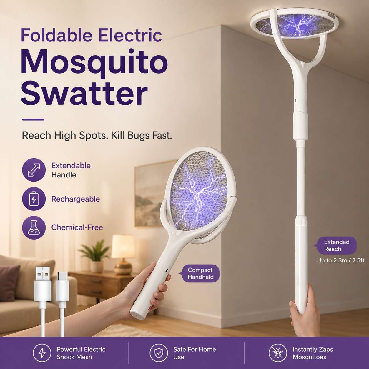 🔥LAST DAY 55% OFF 🔥2-in-1 Rechargeable Bug Zapper & Swatter: 10-LED Powerful Mosquito Killer