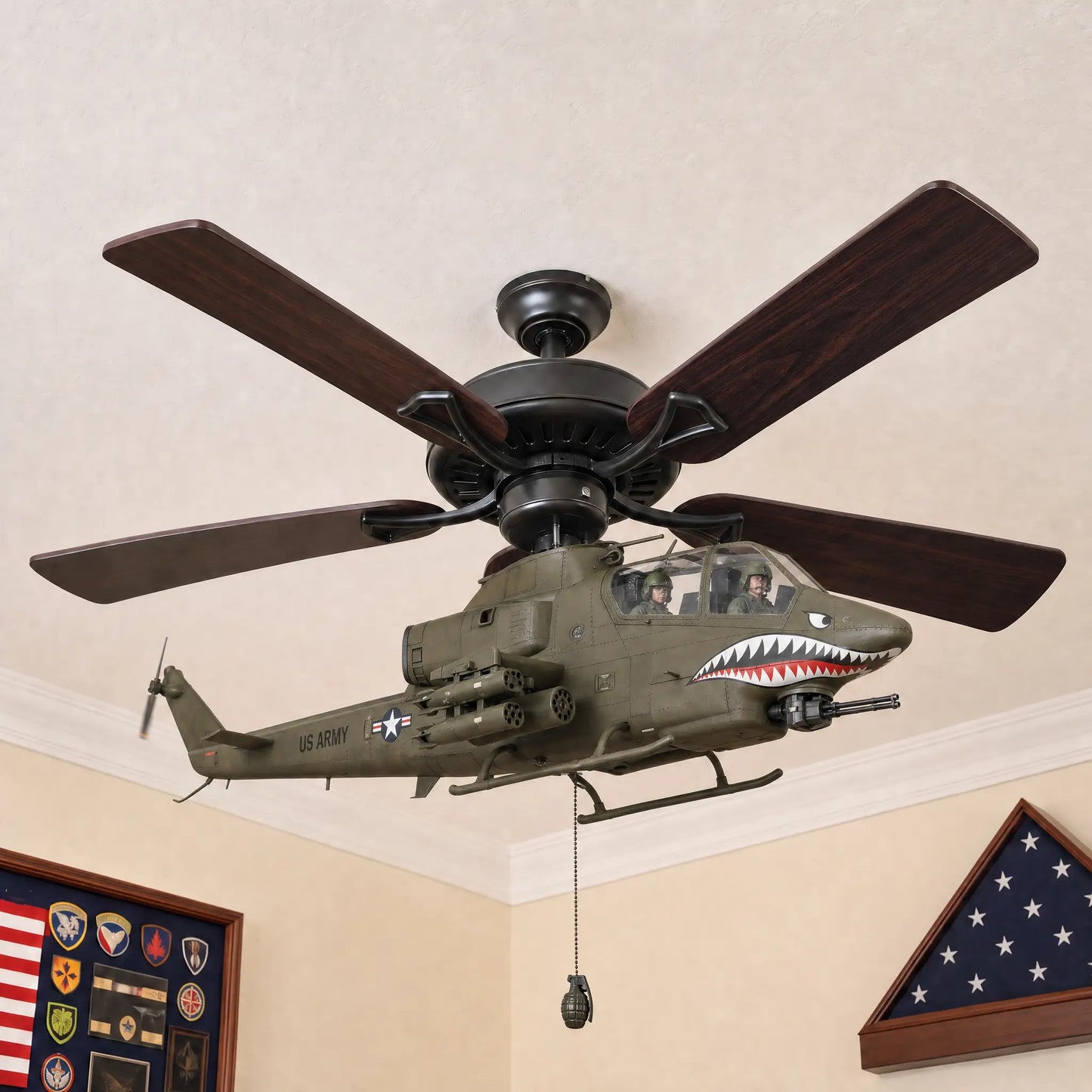 ๐ฉ๏ธ Military Helicopter Ceiling Fan Decor โ Realistic Hanging Ornament for Man Cave & Home