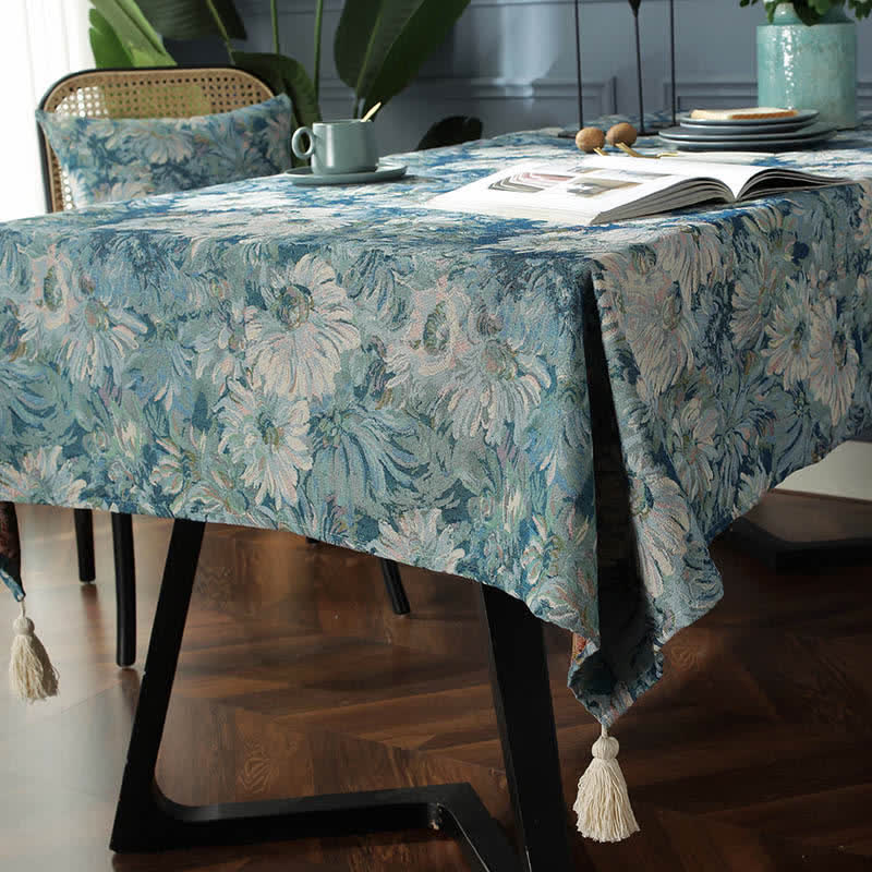 Onwkoti Flower Oil Painting Style Tassel Tablecloth
