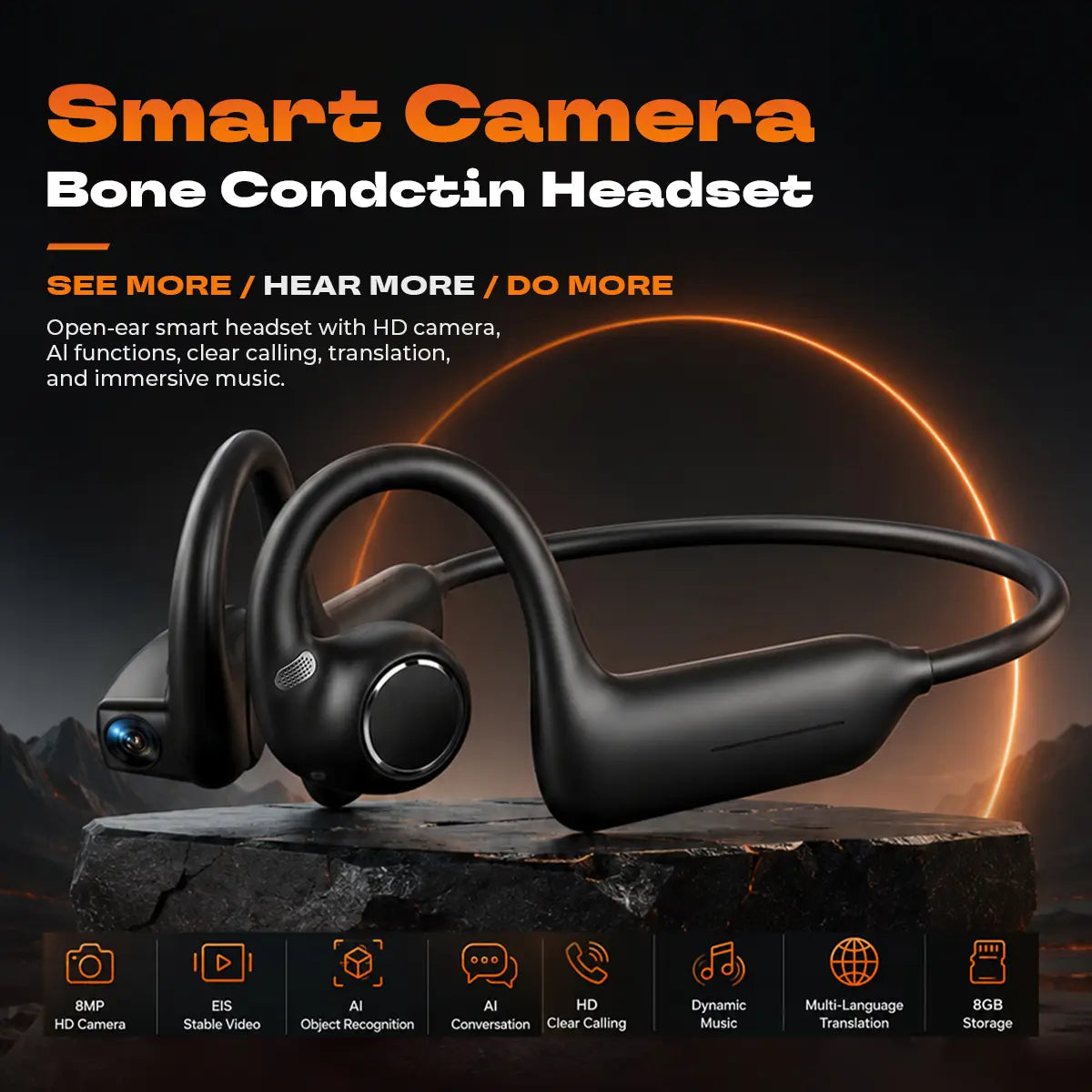 Bone conduction Bluetooth headphones featuring an 8-megapixel camera with EIS image stabilization, support for real-time translation in over 160 languages, dual touch and button controls, and IP54 water resistance.