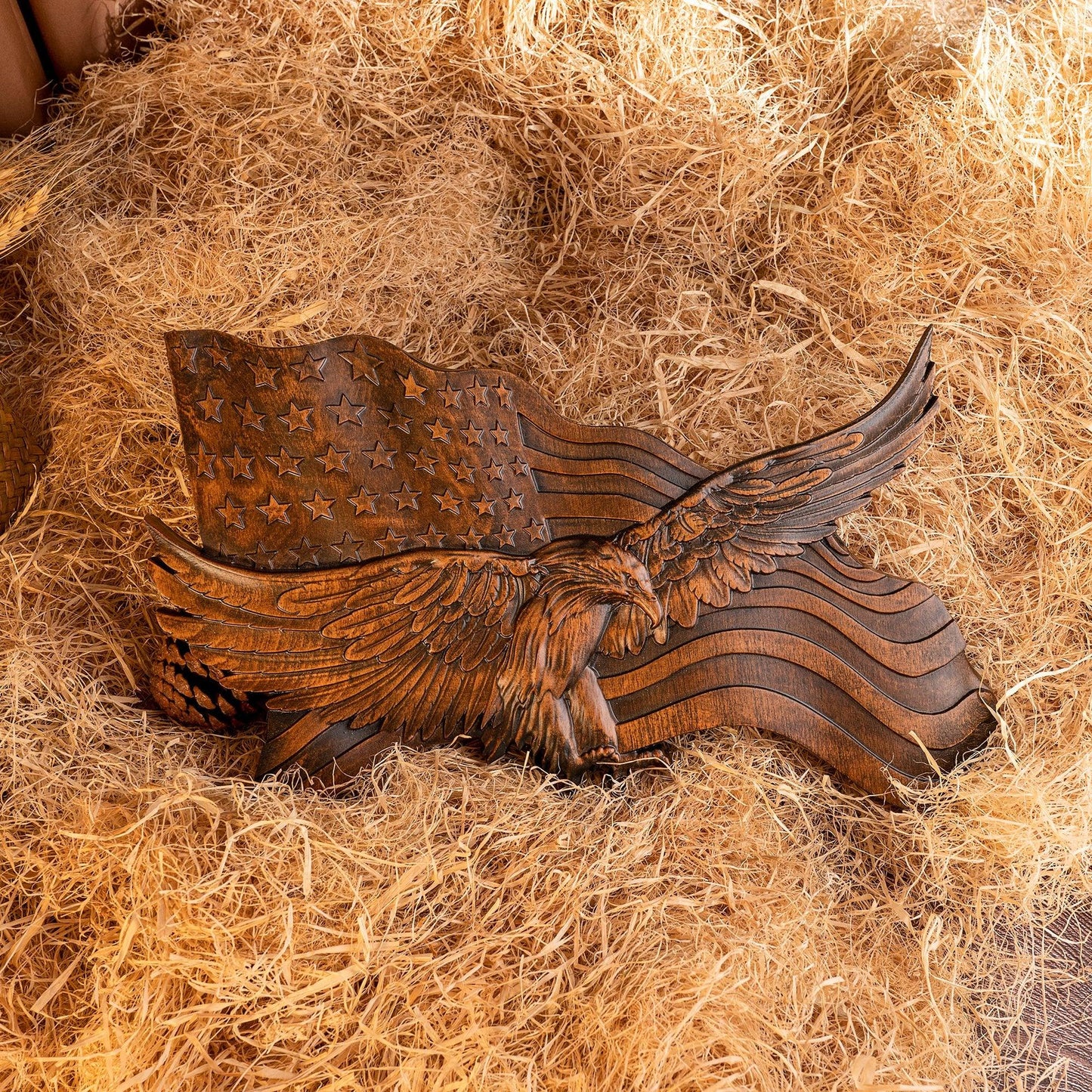 Eagle & Flag Wood Wall Plaque - Handcrafted American Heritage Tribute