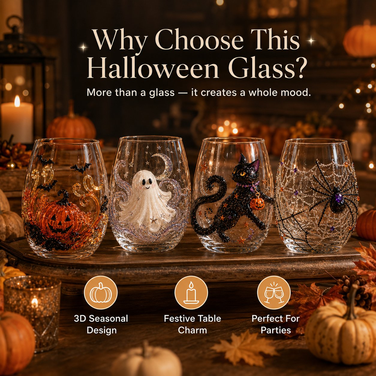 🎃 3D Halloween Artisan Glass Cups, Festive Parties & Cozy Fall Home Bar Vibes