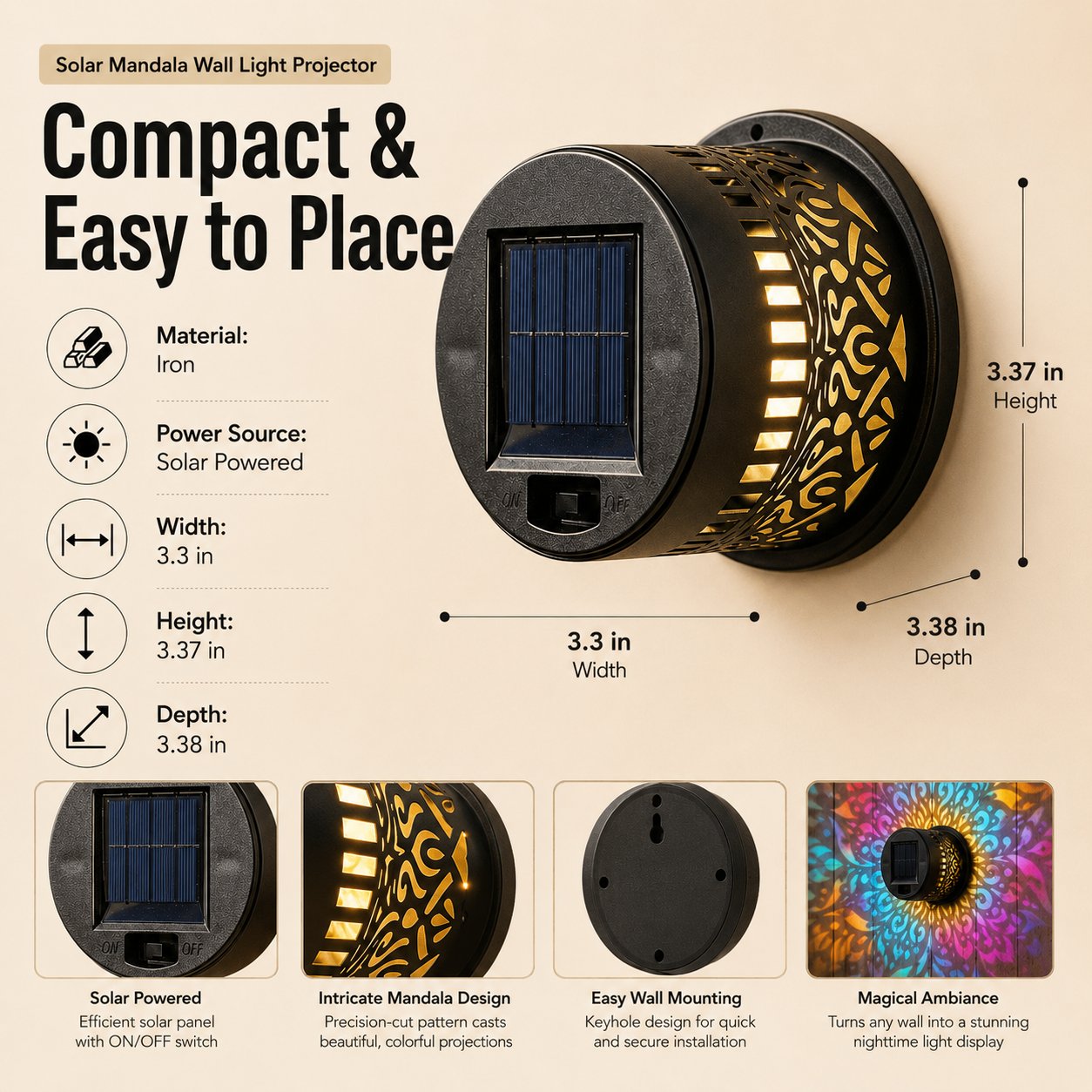 🌈 Mandala Solar Wall Lamp – Magical Patio Night Ambience✨