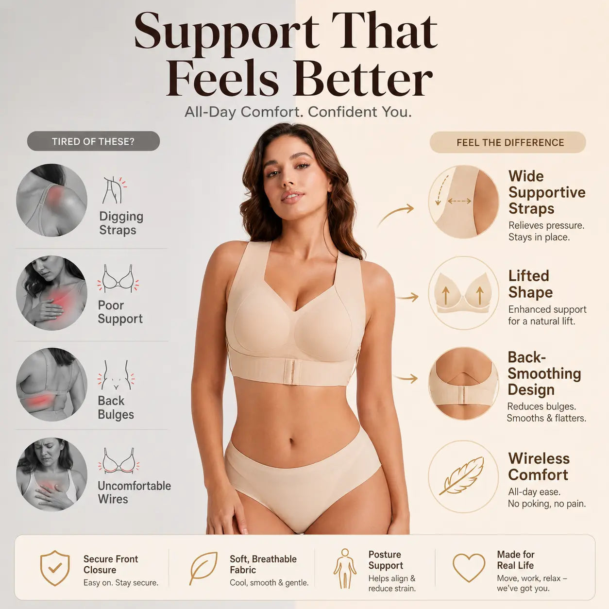 【Postural correction】Women’s Beige Wireless Bra, Soft Breathable Non-removable Moulded Cups, Yoga Fitness Sportswear for Gym & Daily Training Posture Shaping Bra