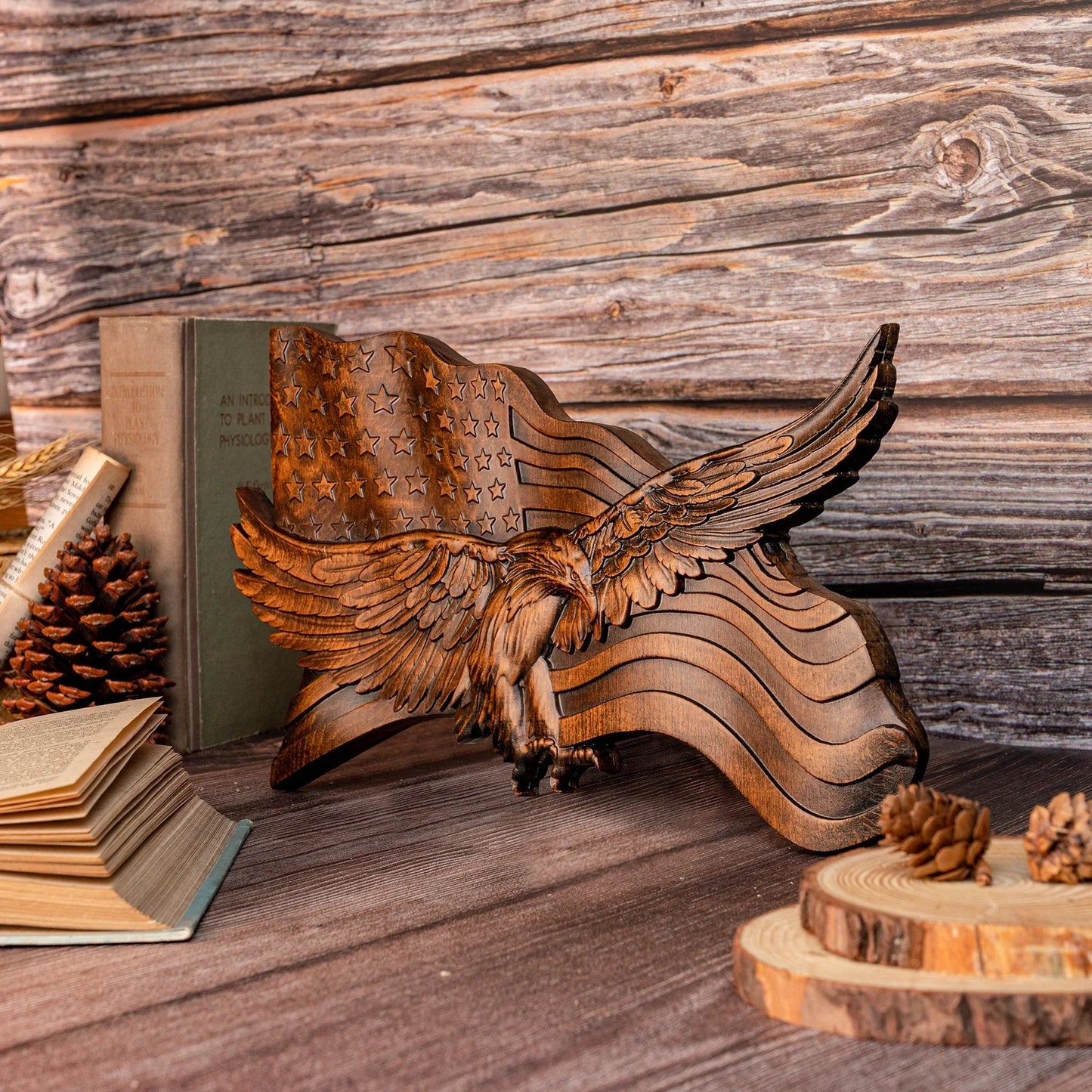 Eagle & Flag Wood Wall Plaque - Handcrafted American Heritage Tribute