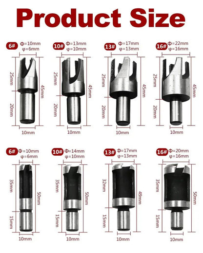 8Pcs Wood Plug Cutter Drill Bit Set | Straight & Tapered Wood Hole Plug Making Bits