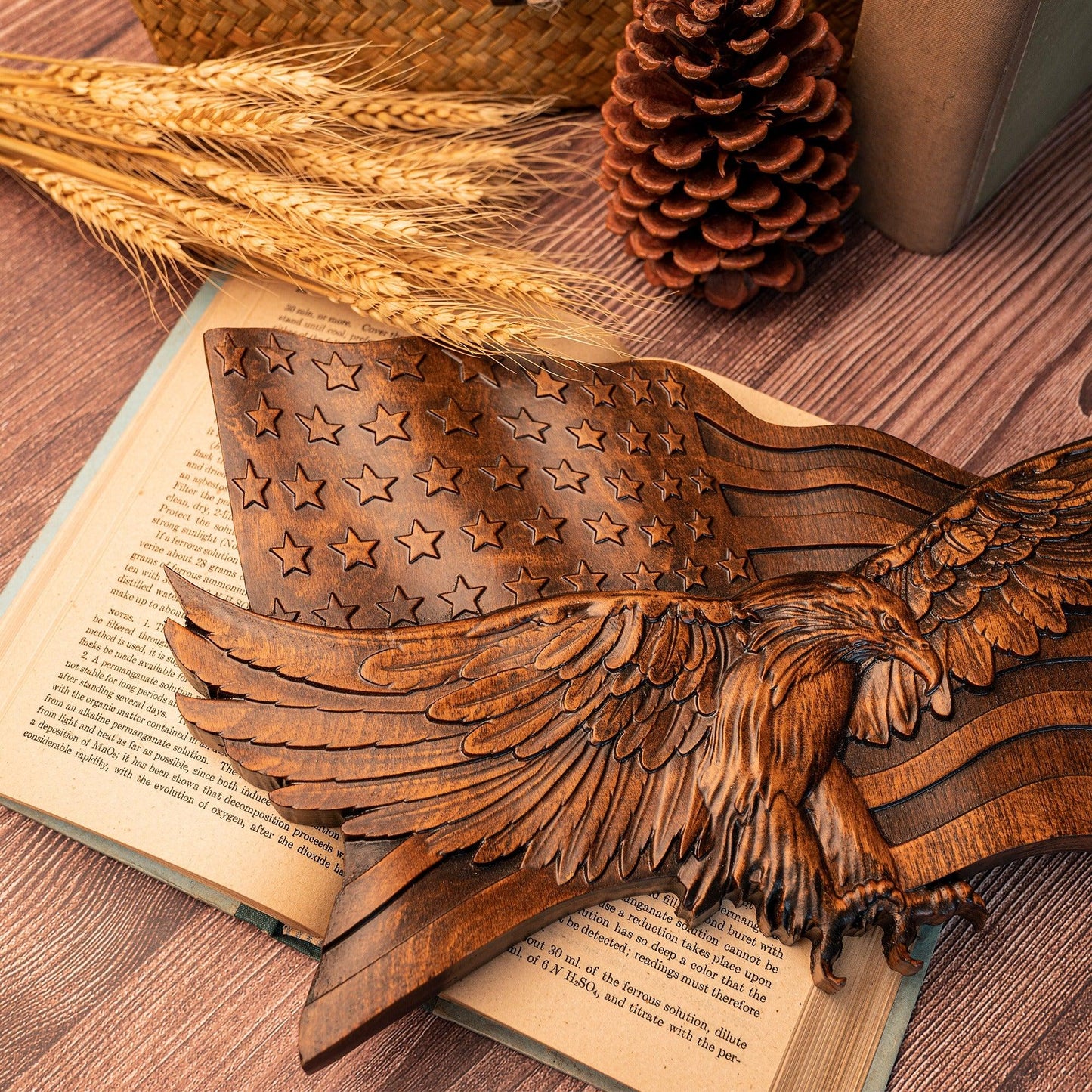 Eagle & Flag Wood Wall Plaque - Handcrafted American Heritage Tribute