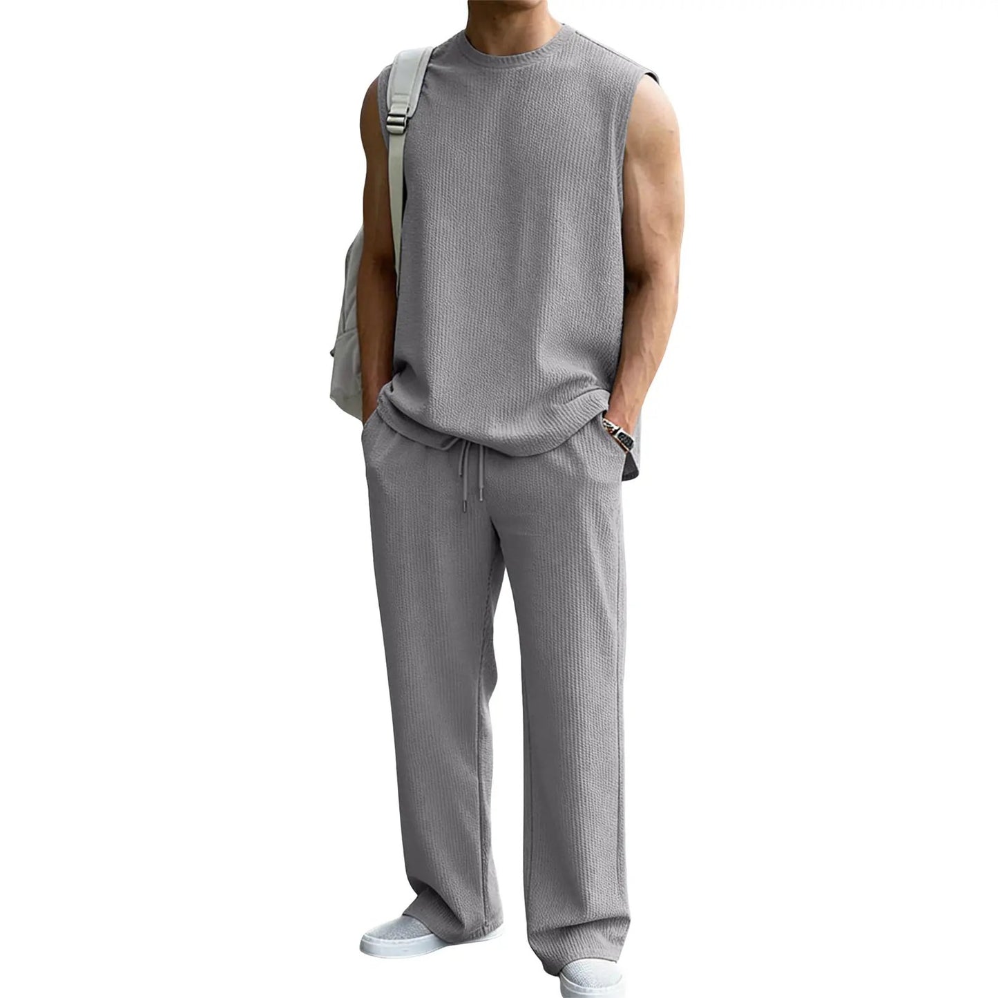 ⚡Hot Sales 49% OFF🔥Men's 2 Piece Rib Knit Sweatsuit Summer Sleeveless Tank Top Baggy Wide Leg Pants Set