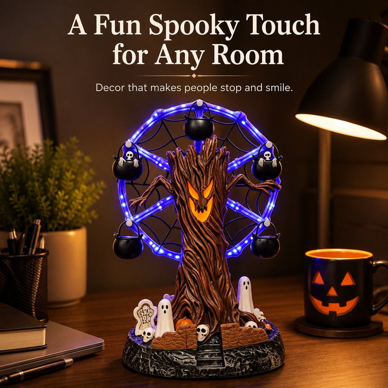 🎃 Halloween Haunted Tree Ferris Wheel Tabletop Decor, Light Up Resin Spooky Ghost Mini Scene Ornament