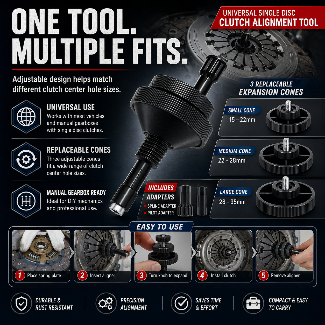 🔧 Universal Single Disc Clutch Alignment Tool with 2 Replaceable Plastic Sleeves for Cars & Light Trucks