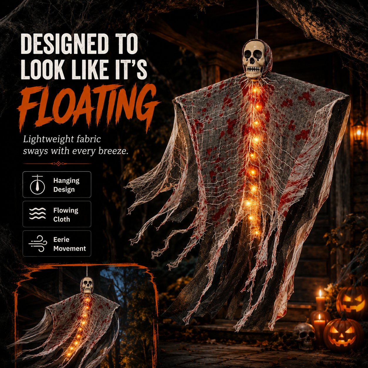 🩸Light-Up Bloody Hanging Ghost – 💀Creepy Skeleton Halloween Porch & Haunted House Decor