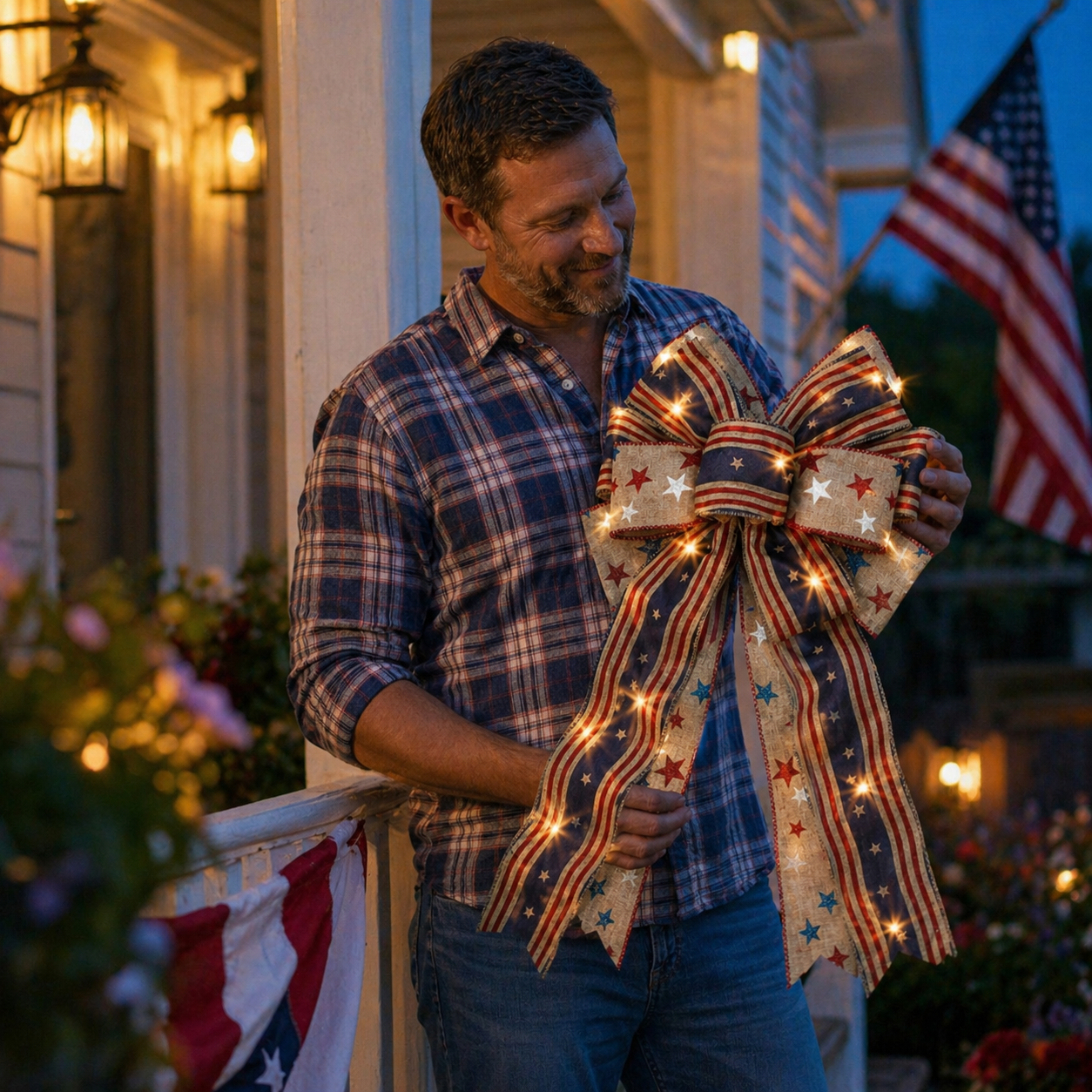 Show Your American Pride ❤️🤍💙 2Pcs LED Patriotic Burlap Bow Set For Front Door & Wreath Decor