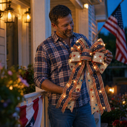Show Your American Pride ❤️🤍💙 2Pcs LED Patriotic Burlap Bow Set For Front Door & Wreath Decor