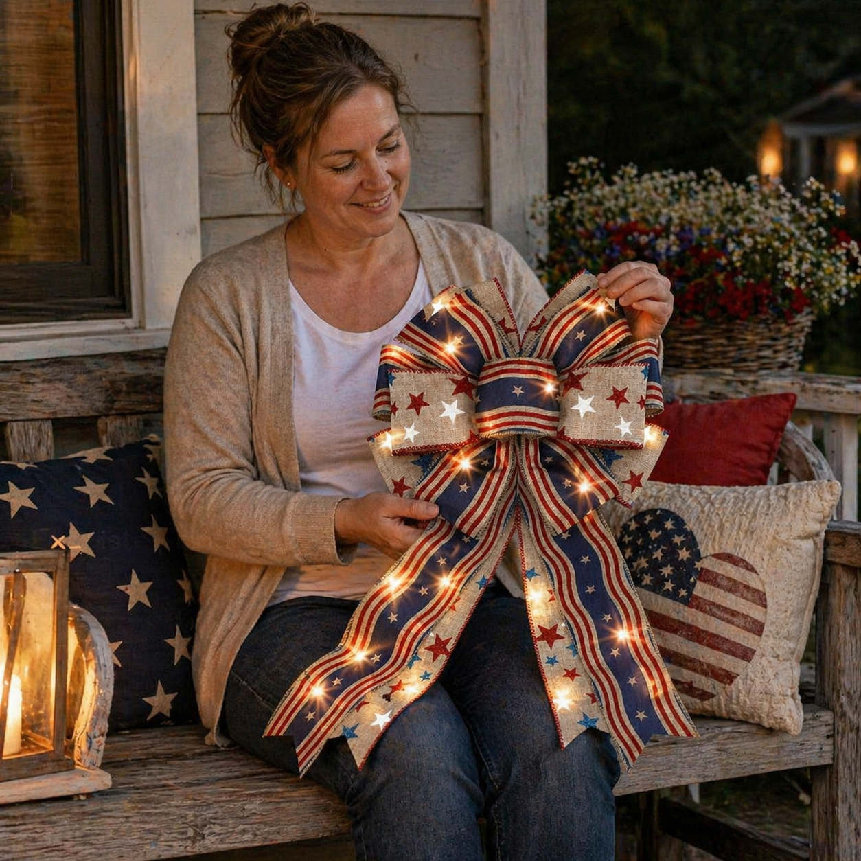 Show Your American Pride ❤️🤍💙 2Pcs LED Patriotic Burlap Bow Set For Front Door & Wreath Decor