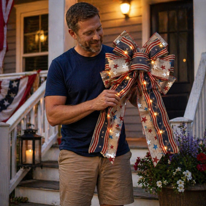 Show Your American Pride ❤️🤍💙 2Pcs LED Patriotic Burlap Bow Set For Front Door & Wreath Decor