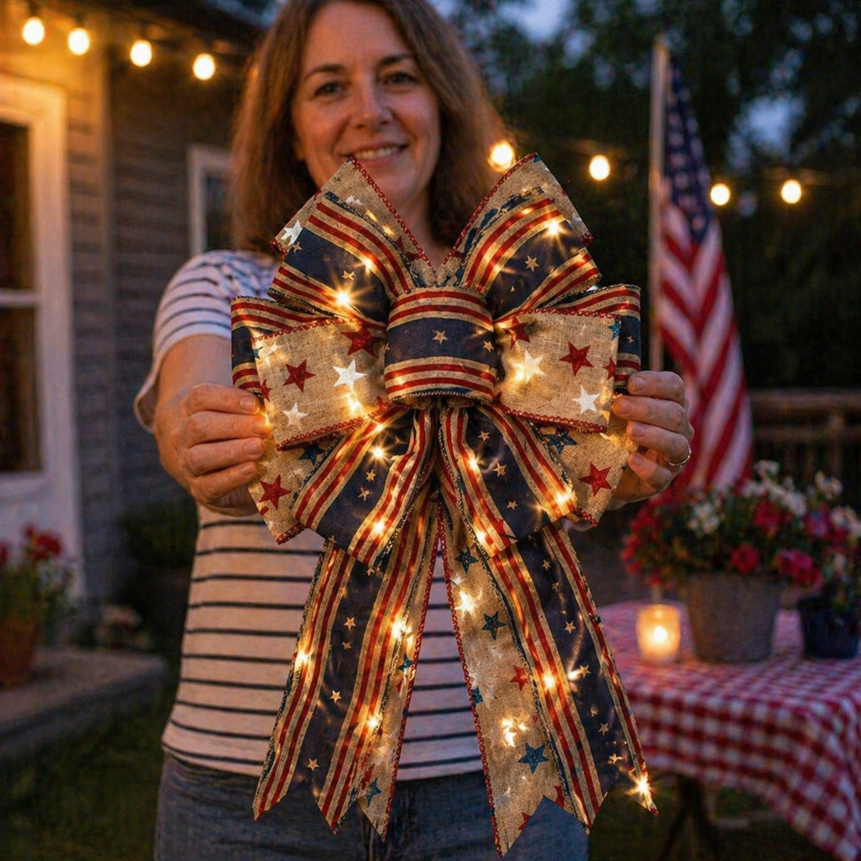 Show Your American Pride ❤️🤍💙 2Pcs LED Patriotic Burlap Bow Set For Front Door & Wreath Decor