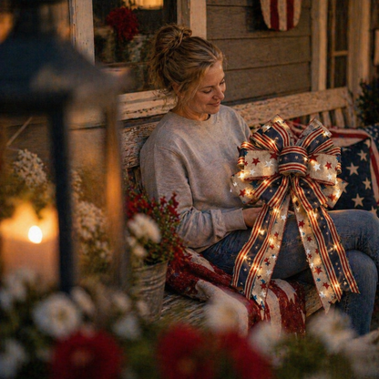 Show Your American Pride ❤️🤍💙 2Pcs LED Patriotic Burlap Bow Set For Front Door & Wreath Decor
