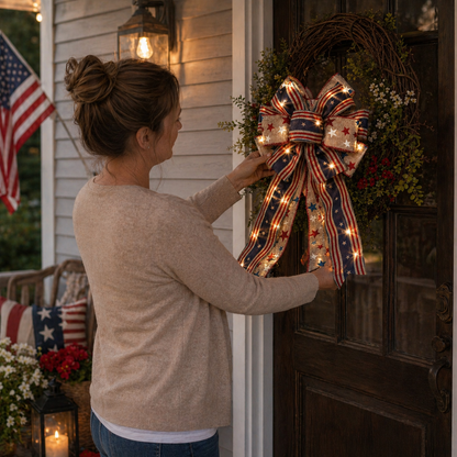 Show Your American Pride ❤️🤍💙 2Pcs LED Patriotic Burlap Bow Set For Front Door & Wreath Decor