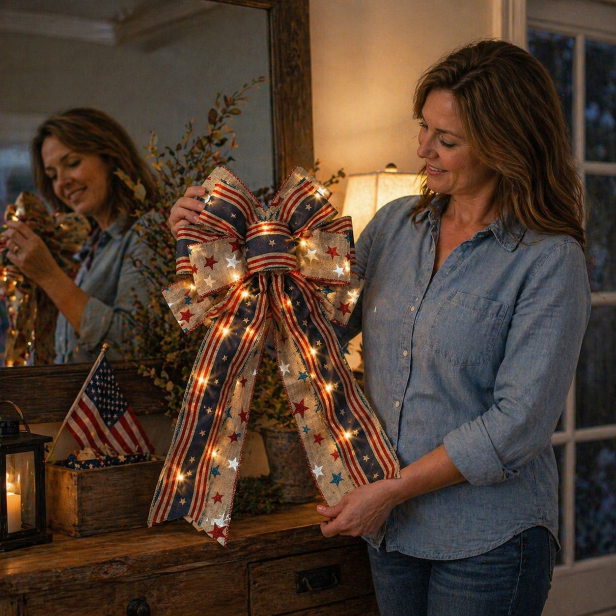 Show Your American Pride ❤️🤍💙 2Pcs LED Patriotic Burlap Bow Set For Front Door & Wreath Decor
