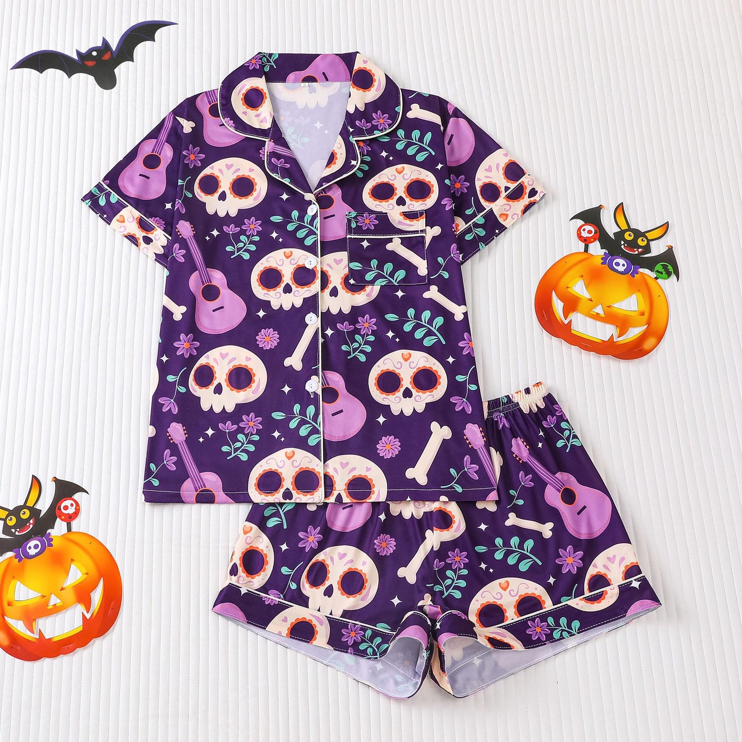 Women's Halloween Print Lapel Pajama Set – Mid-Year Sale: Casual, Comfortable Short-Sleeve Top & Shorts – All-Season Loungewear
