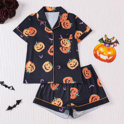 Women's Halloween Print Lapel Pajama Set – Mid-Year Sale: Casual, Comfortable Short-Sleeve Top & Shorts – All-Season Loungewear