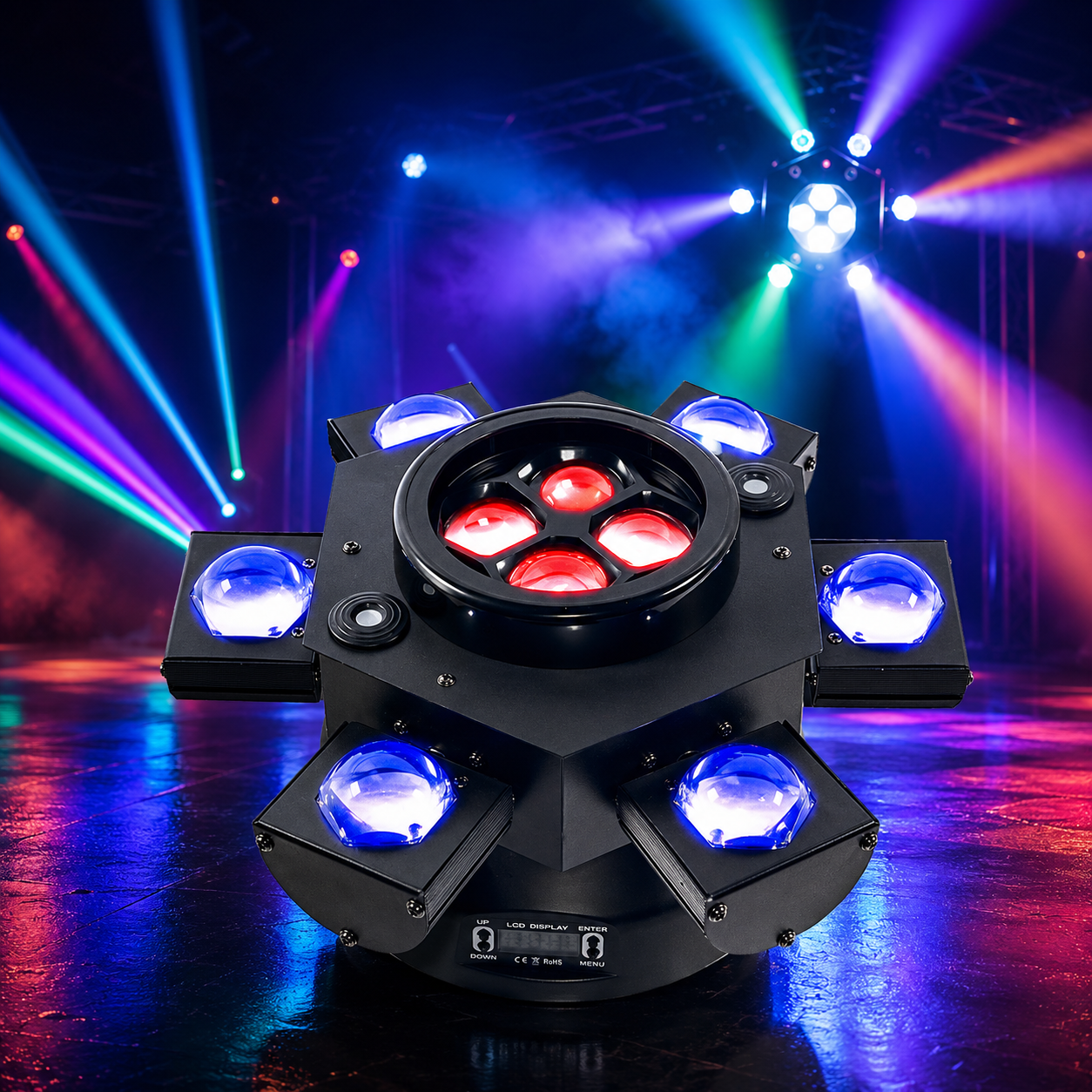 MDT Super 6-IN-1 Moving Head DJ Lights with RGBW 6-Arm Beams, Bee-Eyes Effect