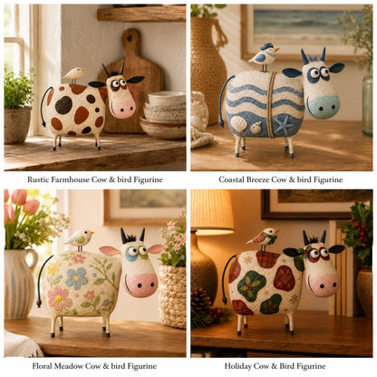 Whimsical Cow & Bird Figurine – Charming Folk Art Farmhouse Decor