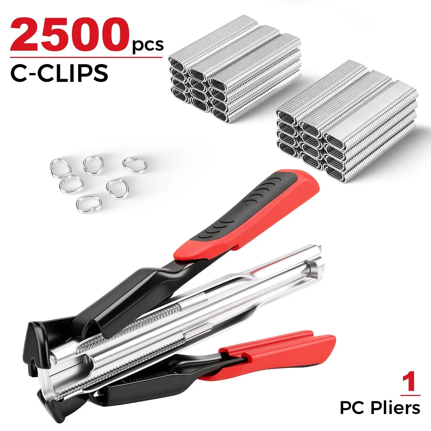 🔥LAST DAY 49% OFF - 🛠️100 PCS/600PCS/2500 PCS C Clips Hog Ring Pliers Kit, 3/4'' Hog Ring Nail, Fencing Plier Staple Gun Cage Clamp