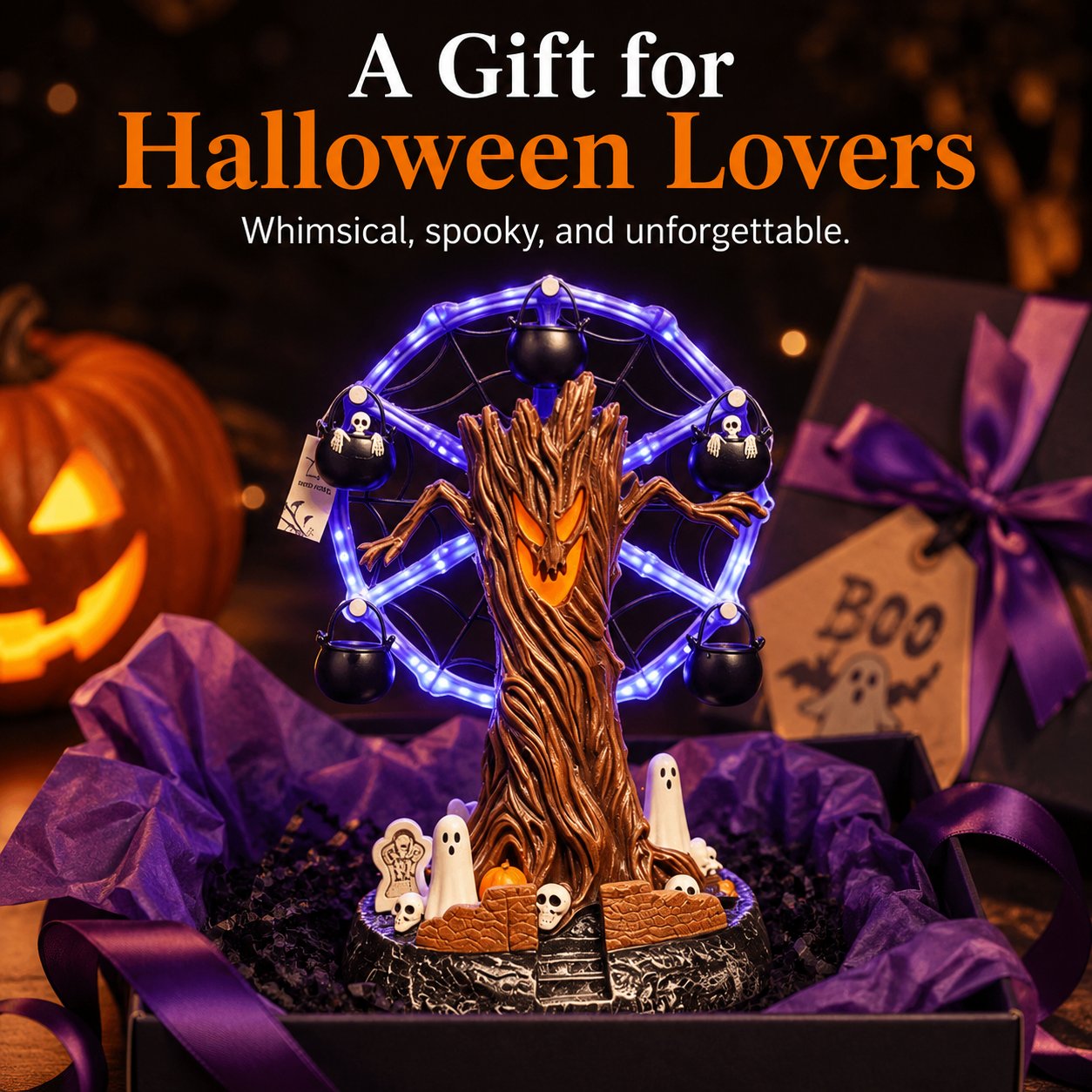 🎃 Halloween Haunted Tree Ferris Wheel Tabletop Decor, Light Up Resin Spooky Ghost Mini Scene Ornament