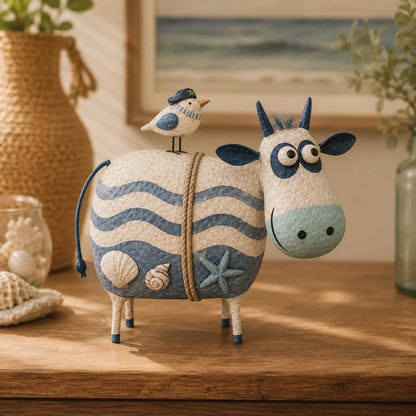 Whimsical Cow & Bird Figurine – Charming Folk Art Farmhouse Decor