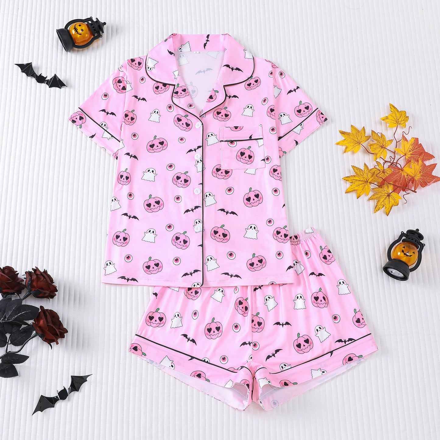 Women's Halloween Print Lapel Pajama Set – Mid-Year Sale: Casual, Comfortable Short-Sleeve Top & Shorts – All-Season Loungewear