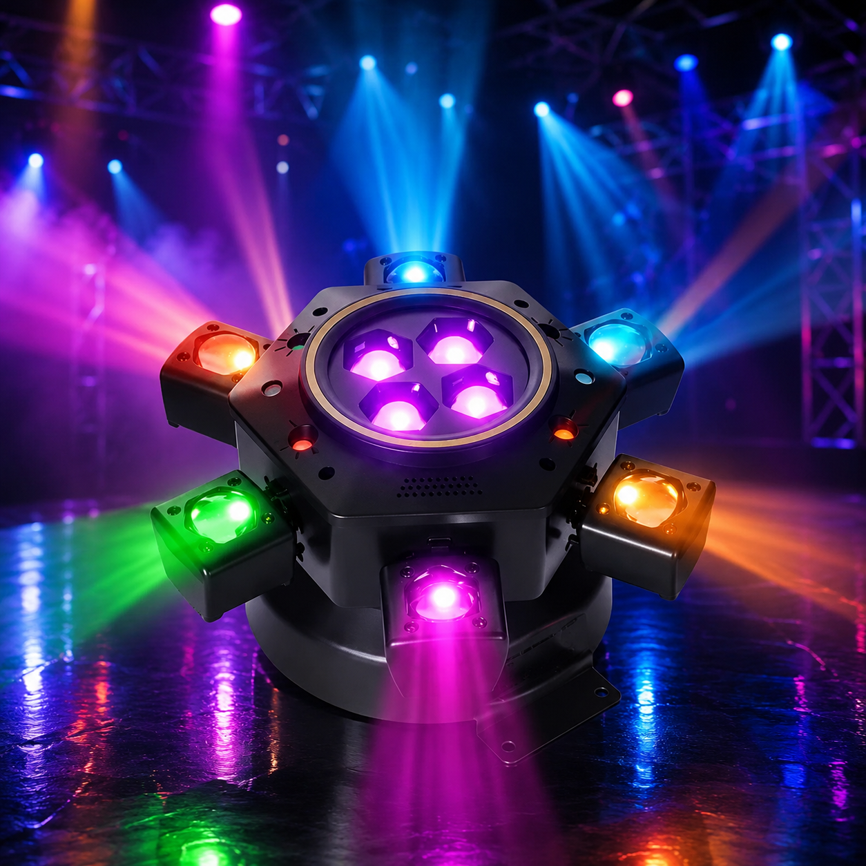 MDT Super 6-IN-1 Moving Head DJ Lights with RGBW 6-Arm Beams, Bee-Eyes Effect