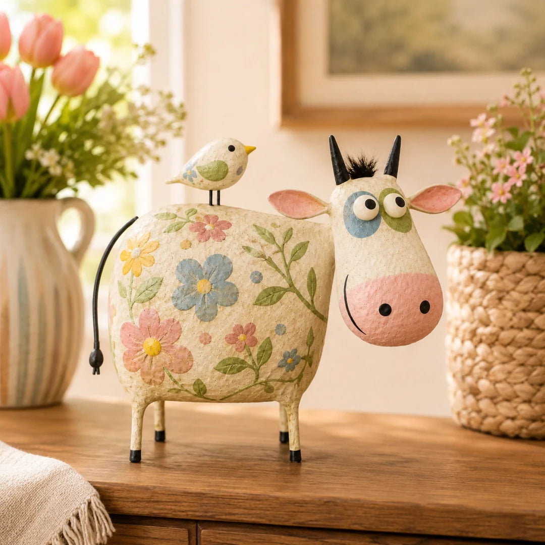 Whimsical Cow & Bird Figurine – Charming Folk Art Farmhouse Decor