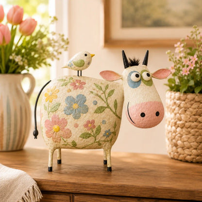 Whimsical Cow & Bird Figurine – Charming Folk Art Farmhouse Decor