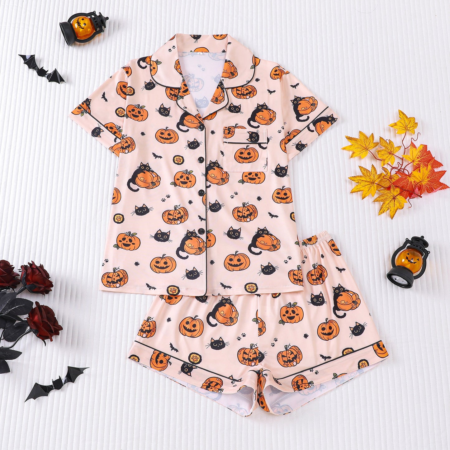 Women's Halloween Print Lapel Pajama Set – Mid-Year Sale: Casual, Comfortable Short-Sleeve Top & Shorts – All-Season Loungewear