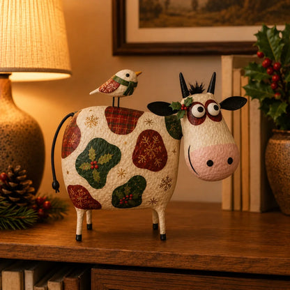Whimsical Cow & Bird Figurine – Charming Folk Art Farmhouse Decor