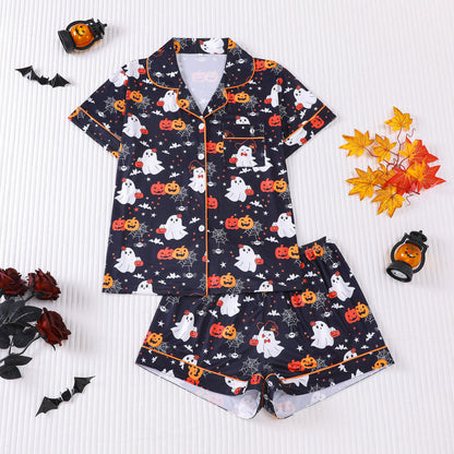 Women's Halloween Print Lapel Pajama Set – Mid-Year Sale: Casual, Comfortable Short-Sleeve Top & Shorts – All-Season Loungewear