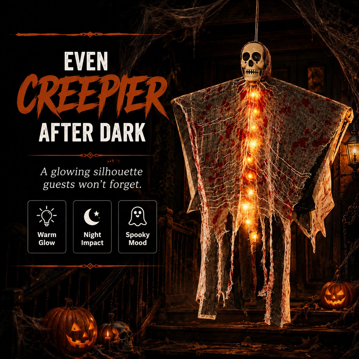 🩸Light-Up Bloody Hanging Ghost – 💀Creepy Skeleton Halloween Porch & Haunted House Decor