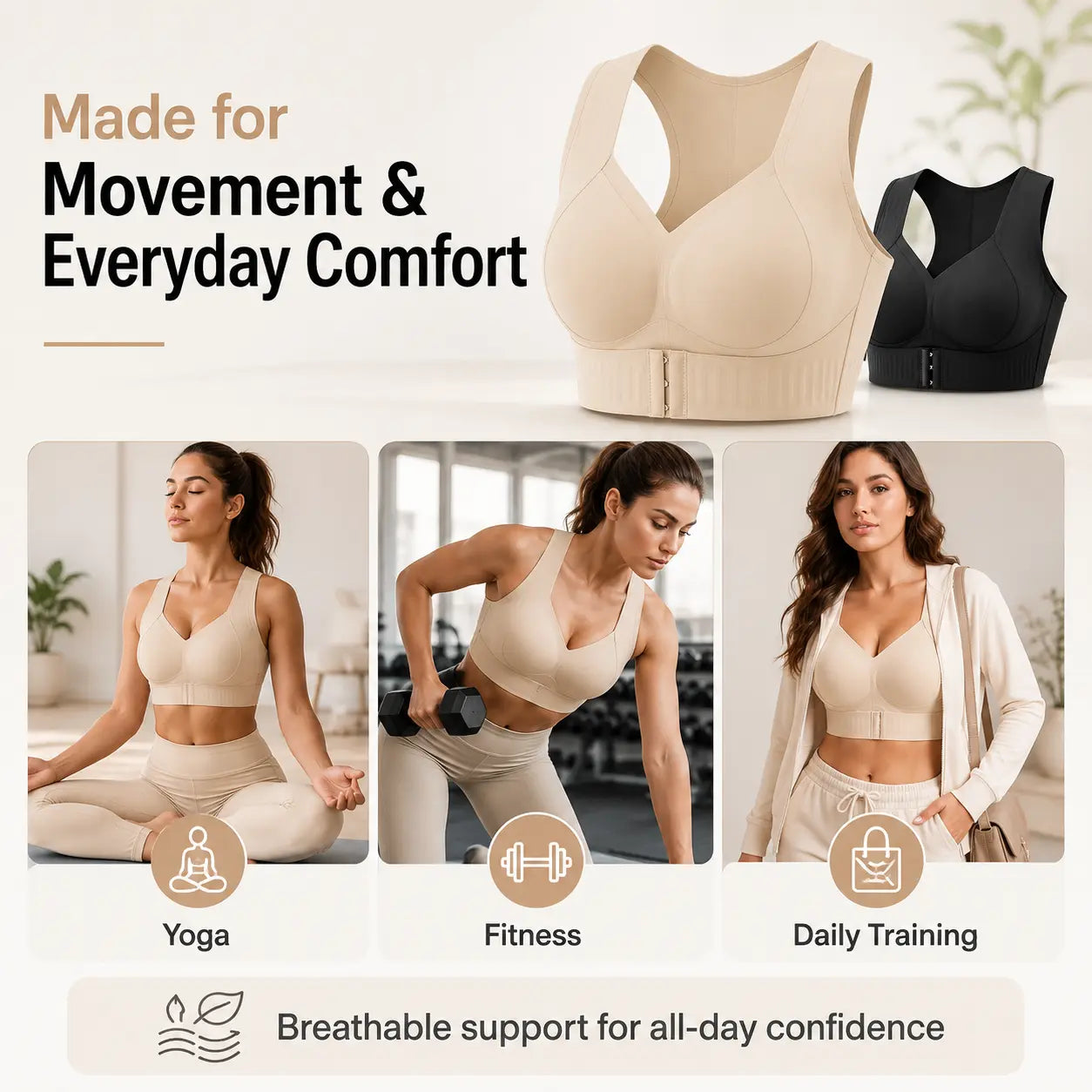 【Postural correction】Women’s Beige Wireless Bra, Soft Breathable Non-removable Moulded Cups, Yoga Fitness Sportswear for Gym & Daily Training Posture Shaping Bra