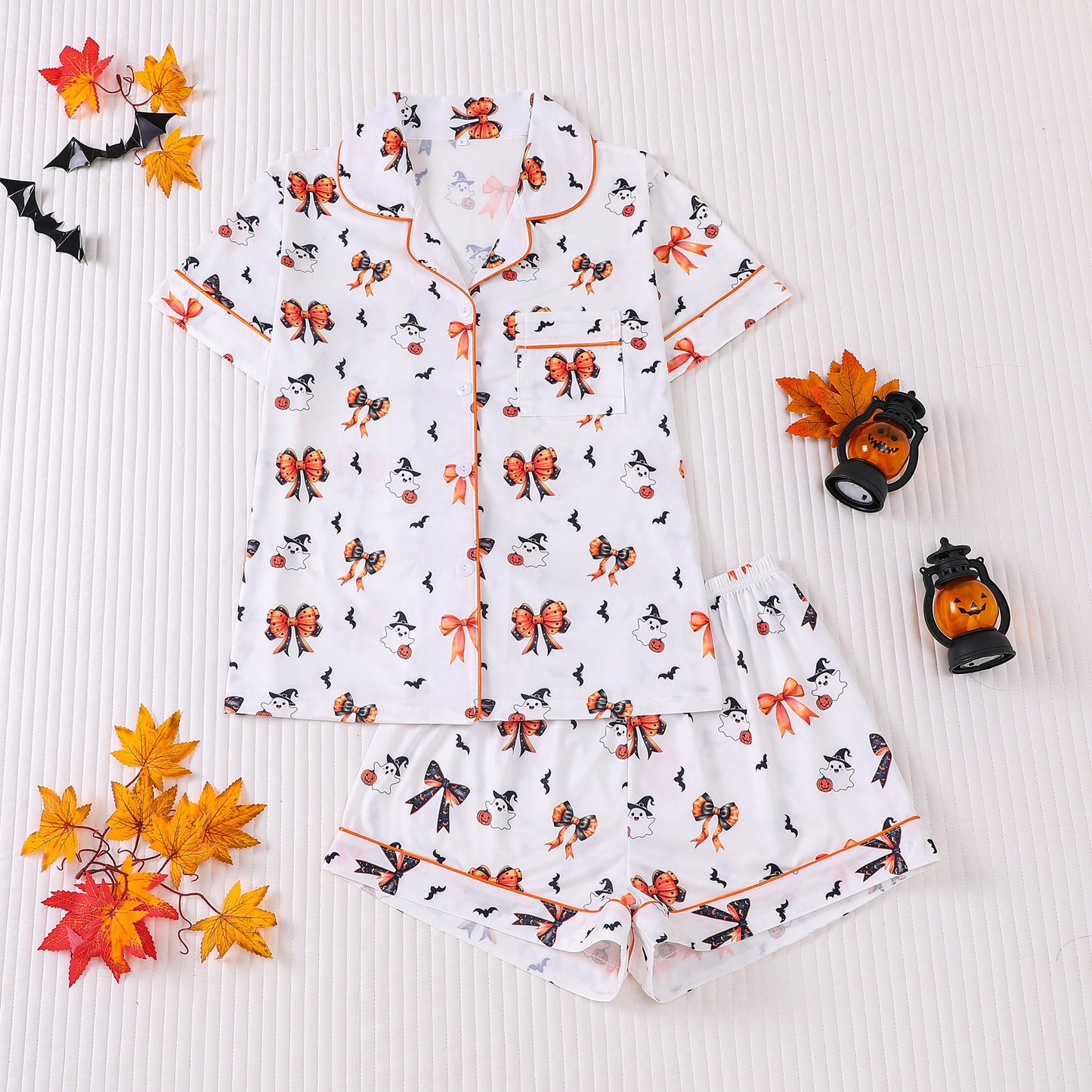 Women's Halloween Print Lapel Pajama Set – Mid-Year Sale: Casual, Comfortable Short-Sleeve Top & Shorts – All-Season Loungewear