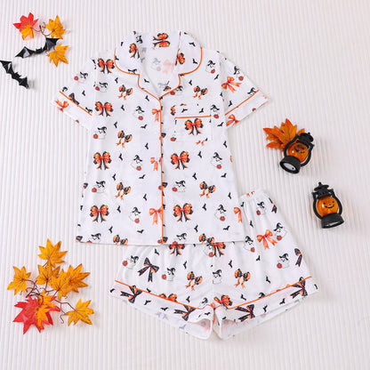 Women's Halloween Print Lapel Pajama Set – Mid-Year Sale: Casual, Comfortable Short-Sleeve Top & Shorts – All-Season Loungewear